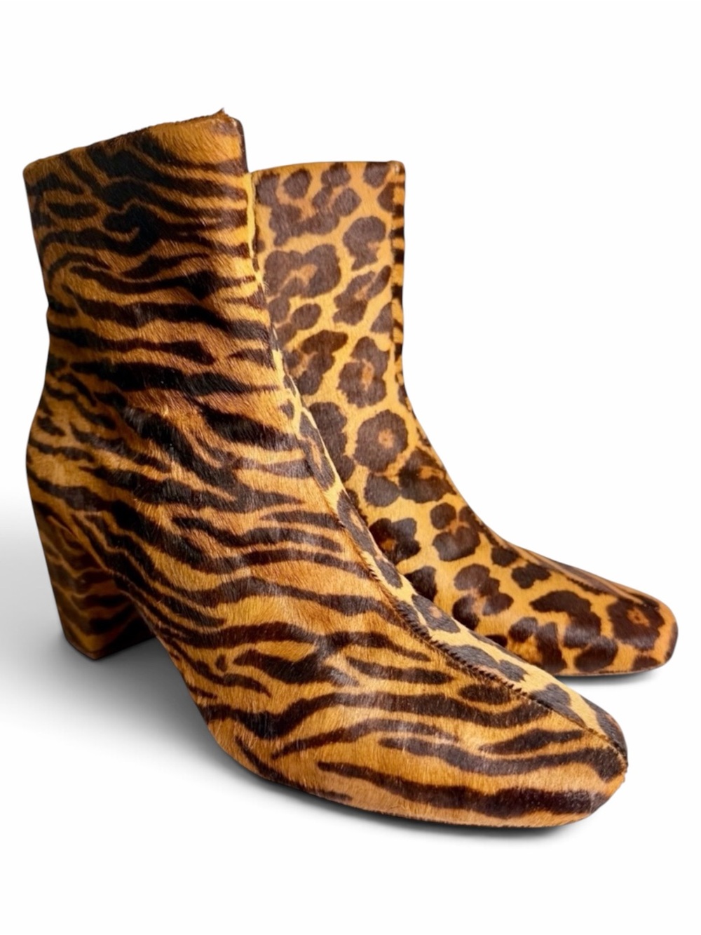 Splendid Tiger Print Calf Hair Ankle Boots Block Heel Women’s 7.5